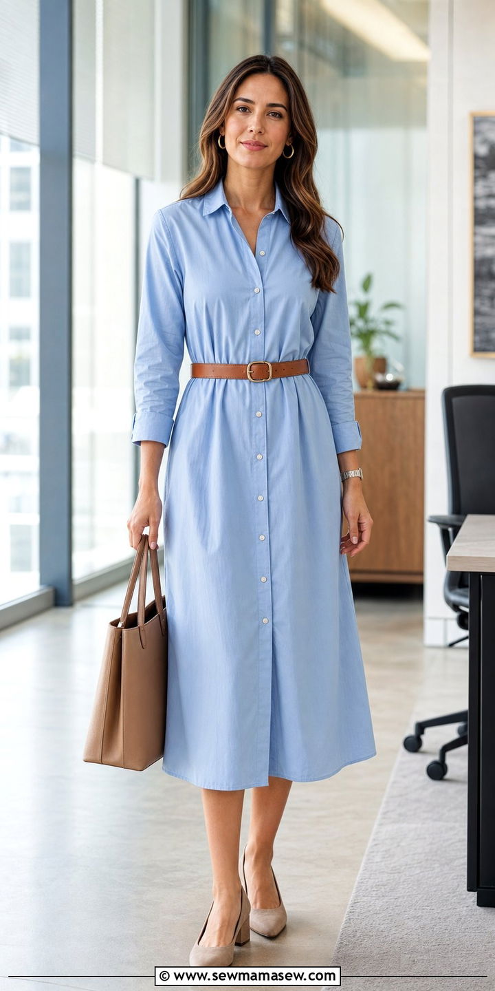 Midi Shirt Dress with Slim Belt and Block Heels - 25 Clean girl outfit ideas for work