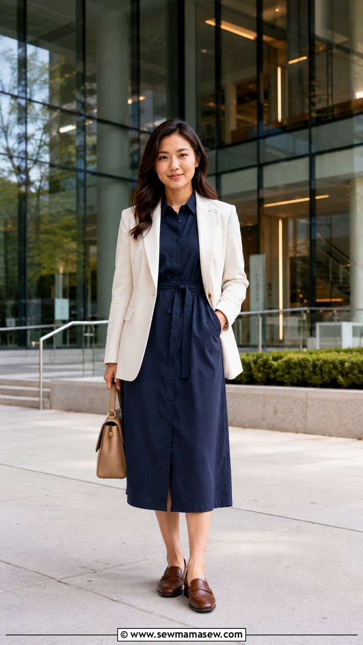 Midi Shirt Dress with Structured Jacket Outfit - 30 MBA student outfit ideas