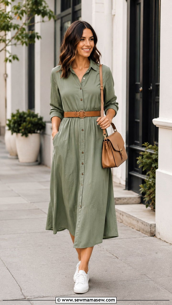 Midi Shirt Dress with Waist Belt - 30 spring outfits for modest women
