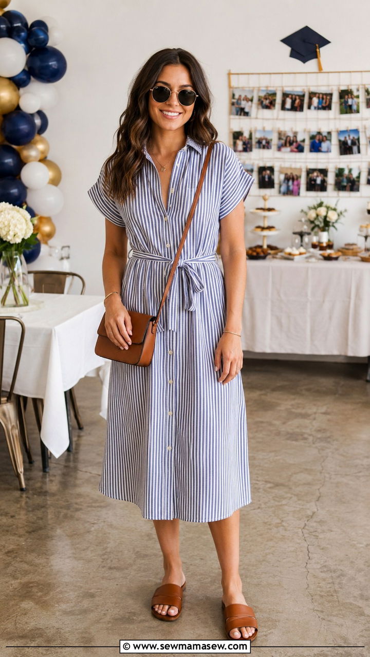 Midi Shirtdress with Leather Sandals - 30 Graduation party outfits for guests