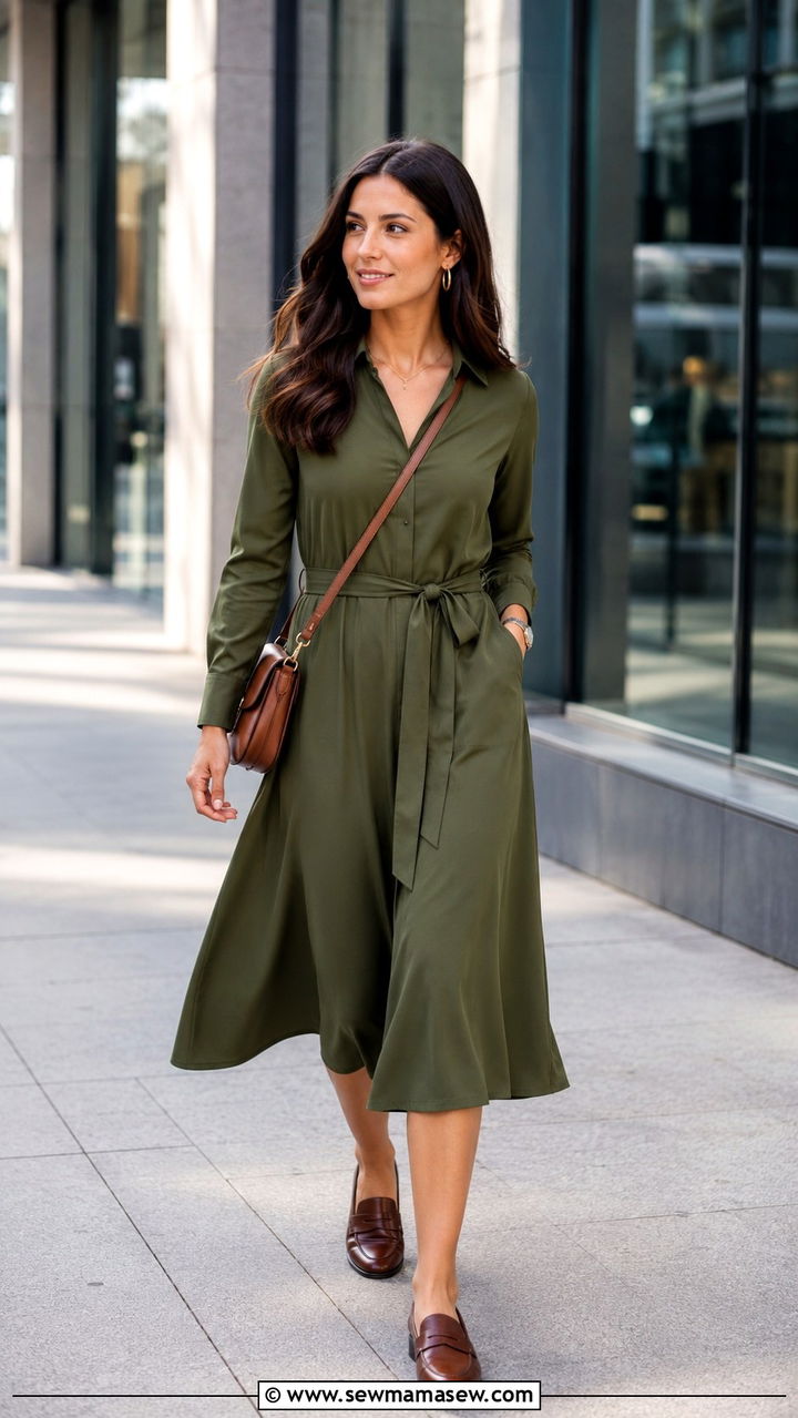 Midi Shirtdress with Loafers and a Crossbody Bag - 30 Modest outfit ideas for work