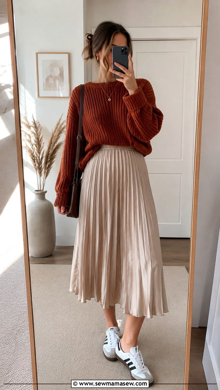 Midi Skirt And Knit Sweater With Adidas Samba - 20 How to style Adidas Samba