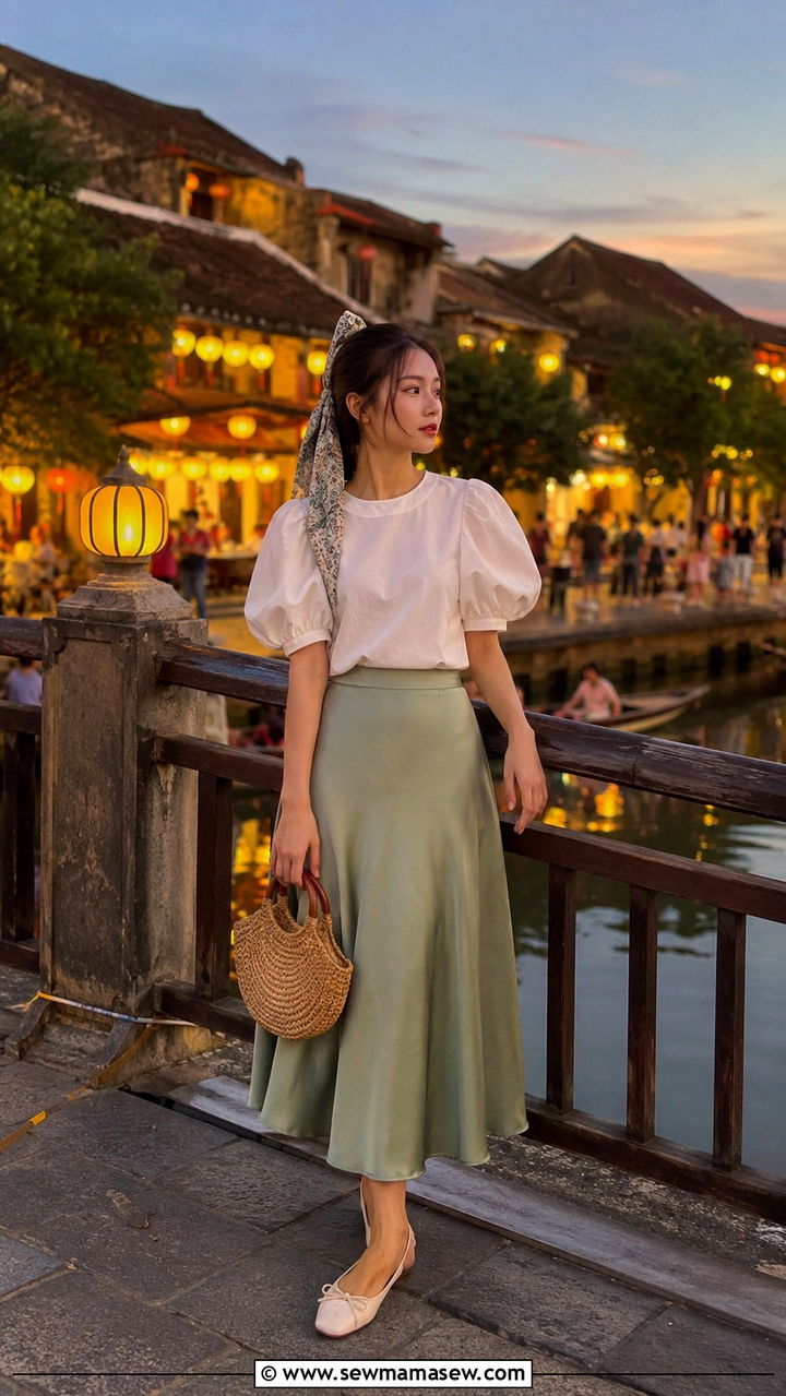 Midi Skirt And Puff Sleeve Blouse Hoi An Look - 25 Asian vacation outfit ideas