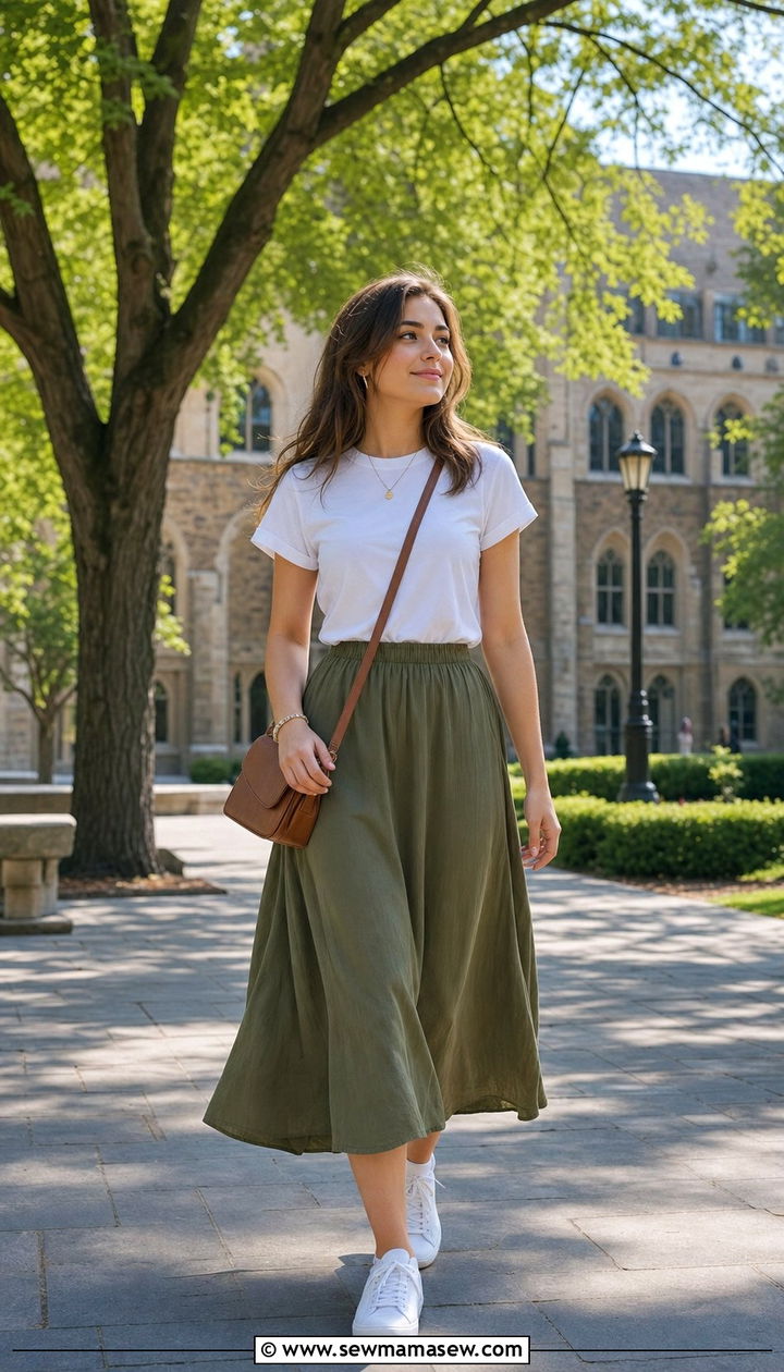 Midi Skirt Tucked In Tee College Outfit Modest - 25 College outfit ideas modest