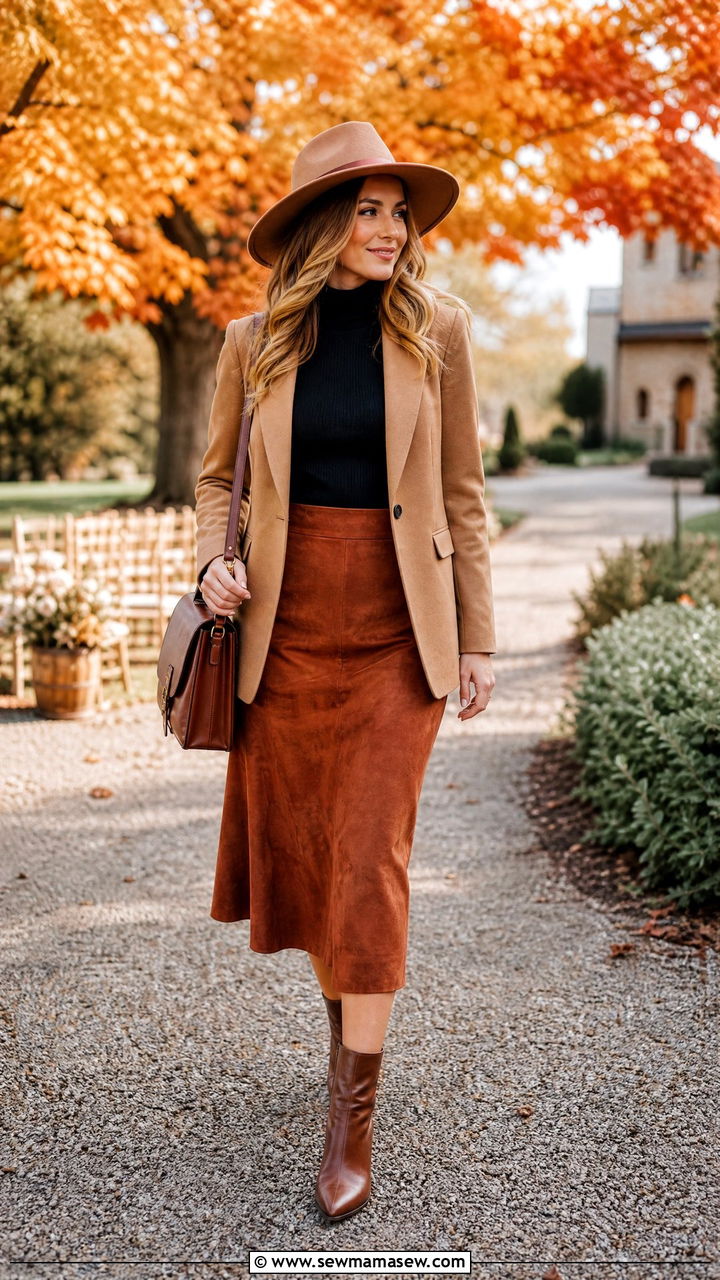 Midi Skirt With Ankle Boots and Blazer for Fall Wedding - 25 How to style a midi skirt for a wedding