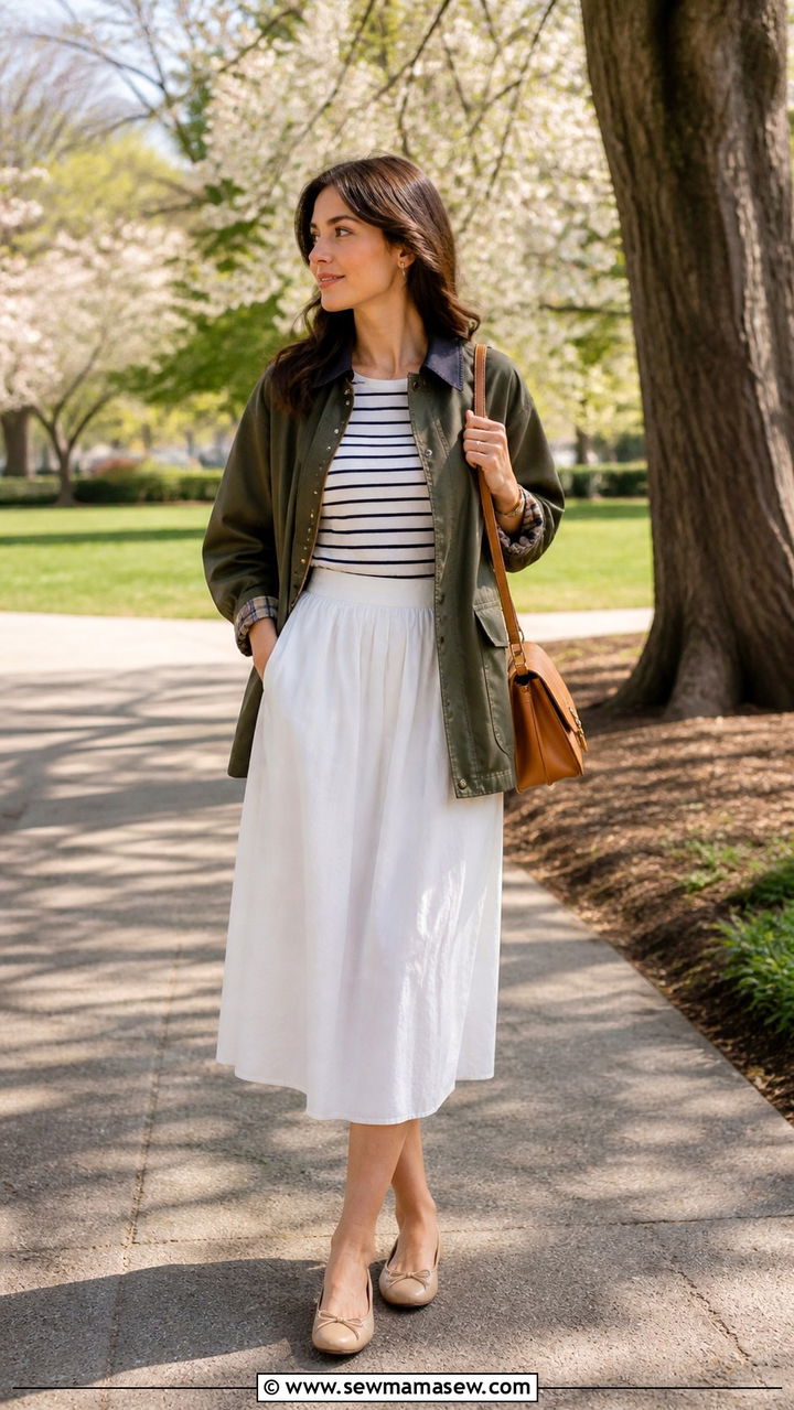 Midi Skirt With Barn Jacket And Ballet Flats - 40 midi skirt outfit ideas