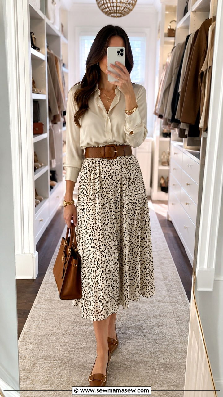 Midi Skirt With Belt And Tucked In Blouse - 30 midi skirt outfits for women over 40