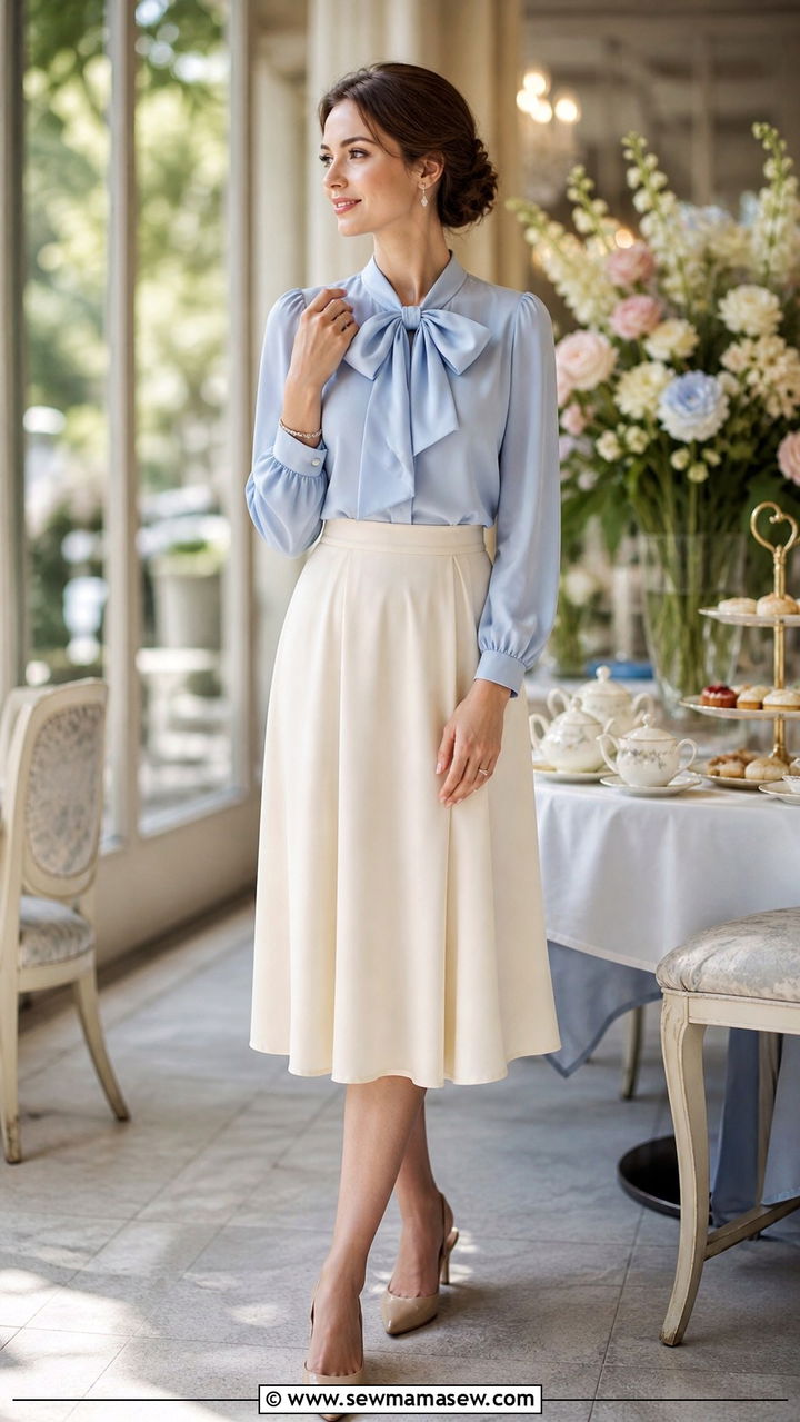 Midi Skirt With Bow Detailed Blouse And Slingback Pumps - 40 midi skirt outfit ideas