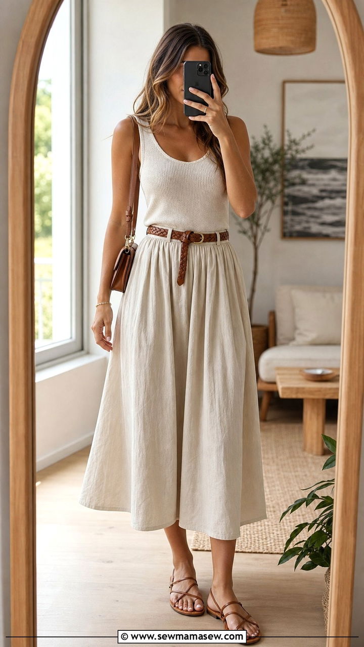 Midi Skirt With Braided Leather Belt And Sleeveless Knit Tank Summer Outfit - 25 Summer outfits with belts