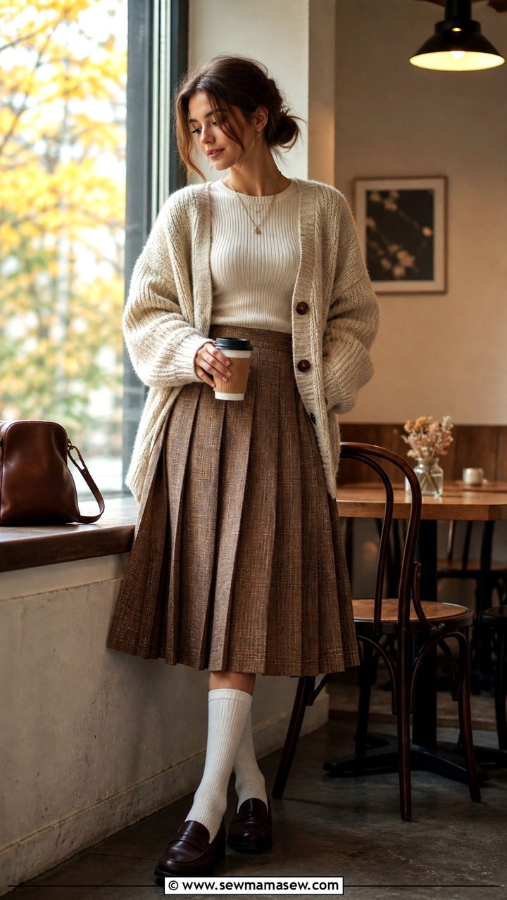 Midi Skirt With Chunky Cardigan And Knee High Socks - 40 midi skirt outfit ideas