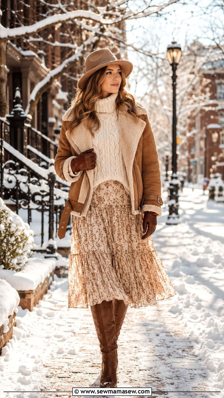Midi Skirt With Chunky Knit And Shearling - 25 Boho outfit ideas with midi skirt