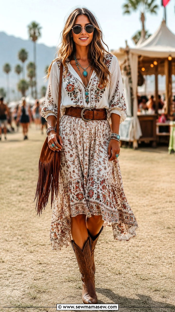 Midi Skirt With Cowboy Boots And Embroidered Blouse - 25 Boho outfit ideas with midi skirt
