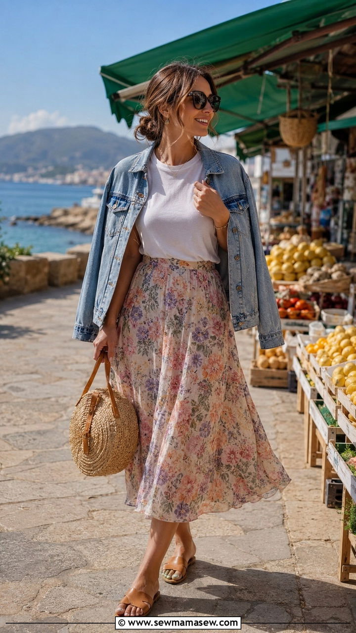 Midi Skirt With Denim Jacket And Sandals - 30 midi skirt outfits for women over 40
