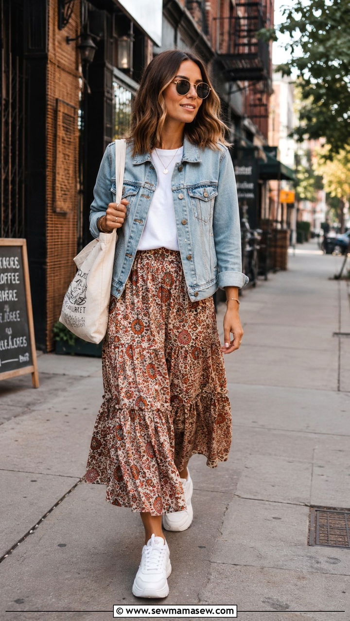 Midi Skirt With Denim Jacket And Sneakers - 25 Boho outfit ideas with midi skirt