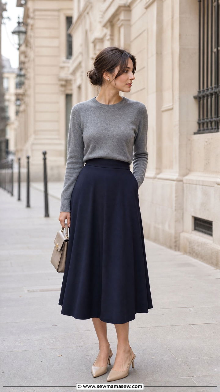 Midi Skirt With Fine Knit Sweater and Slingback Heels - 30 French girl outfit ideas petite