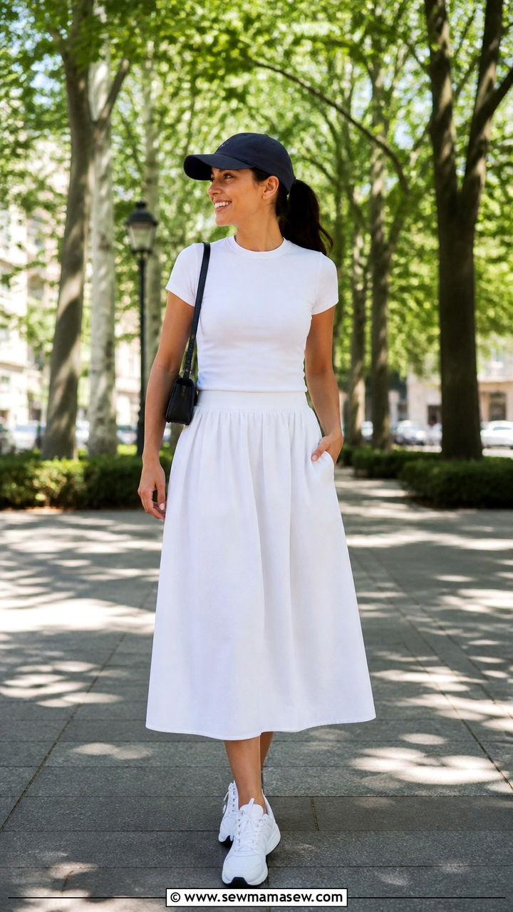 Midi Skirt With Fitted Tee And Baseball Cap - 40 midi skirt outfit ideas