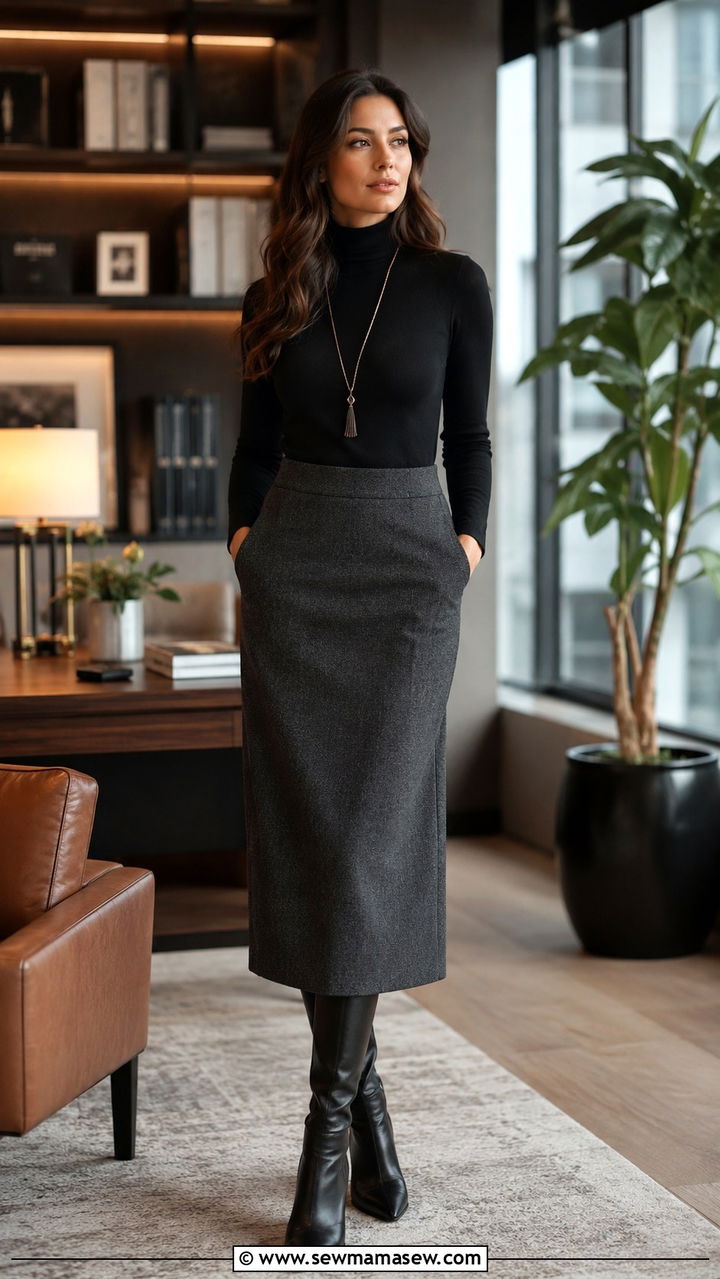 Midi Skirt With Fitted Turtleneck - 20 work outfits for hourglass body