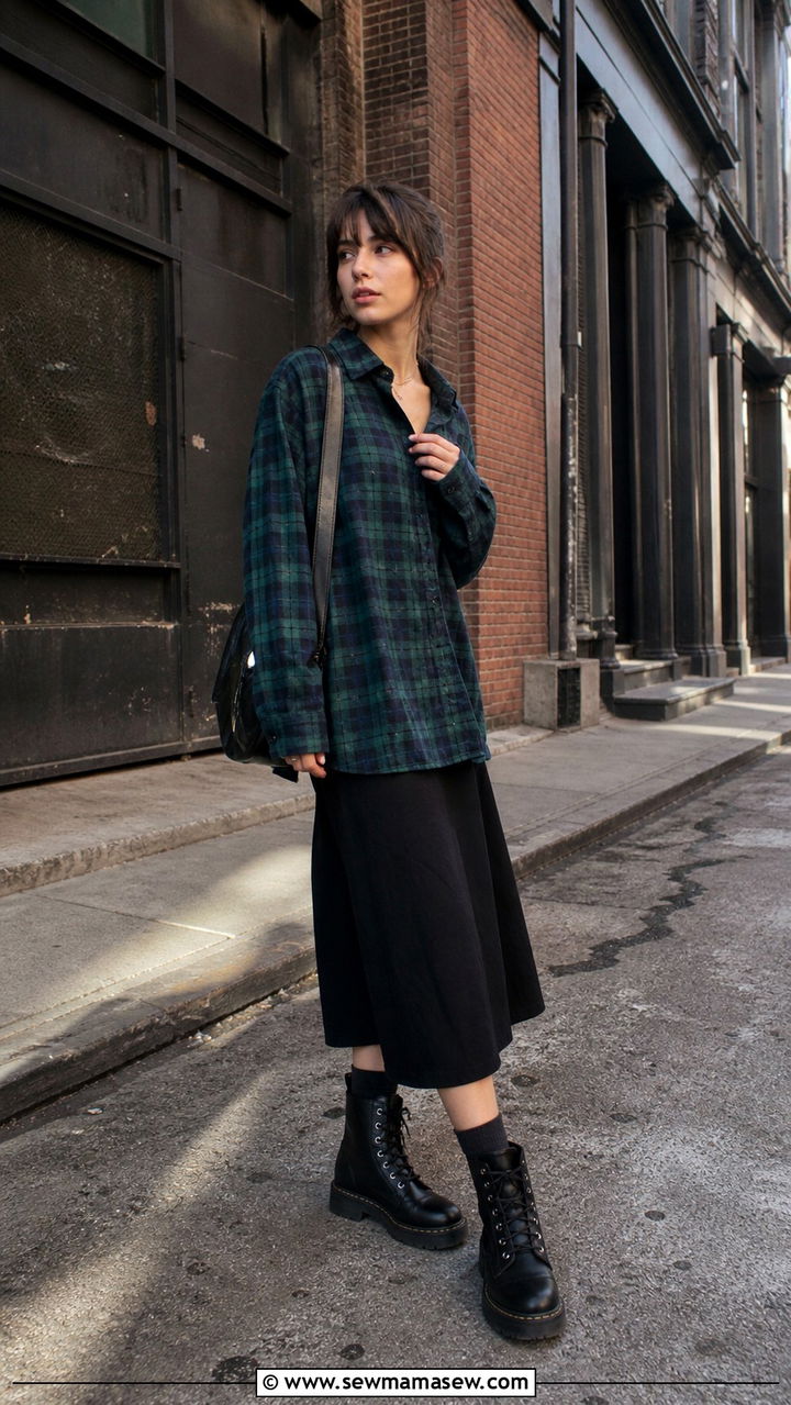Midi Skirt With Flannel Shirt And Chunky Boots - 40 midi skirt outfit ideas