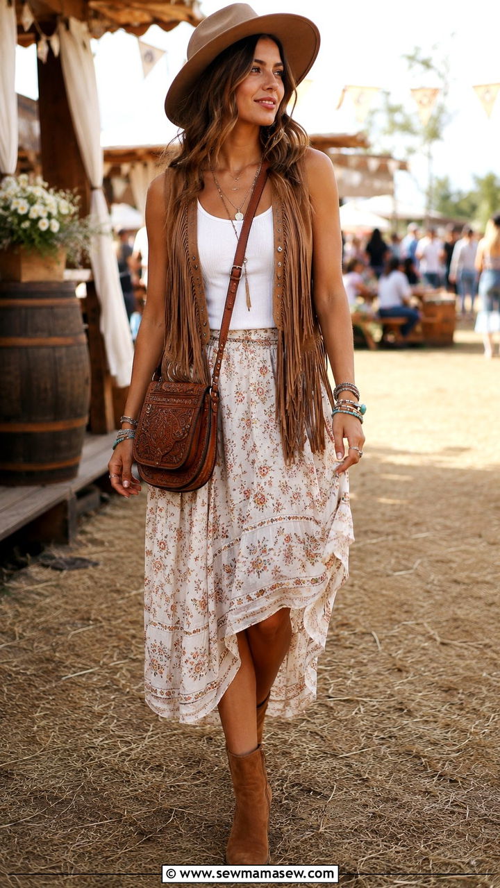 Midi Skirt With Fringe Vest - 25 Boho outfit ideas with midi skirt