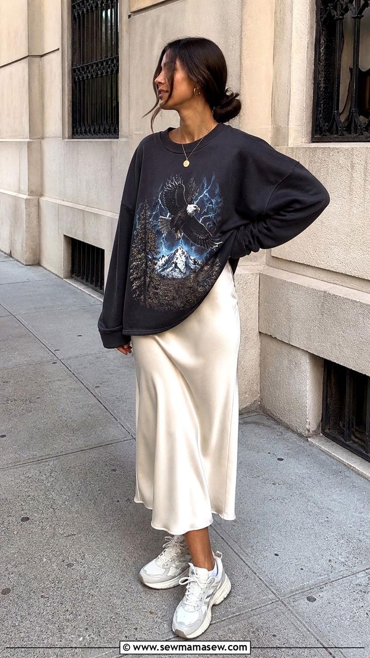 Midi Skirt With Graphic Sweatshirt And Dad Sneakers - 40 midi skirt outfit ideas