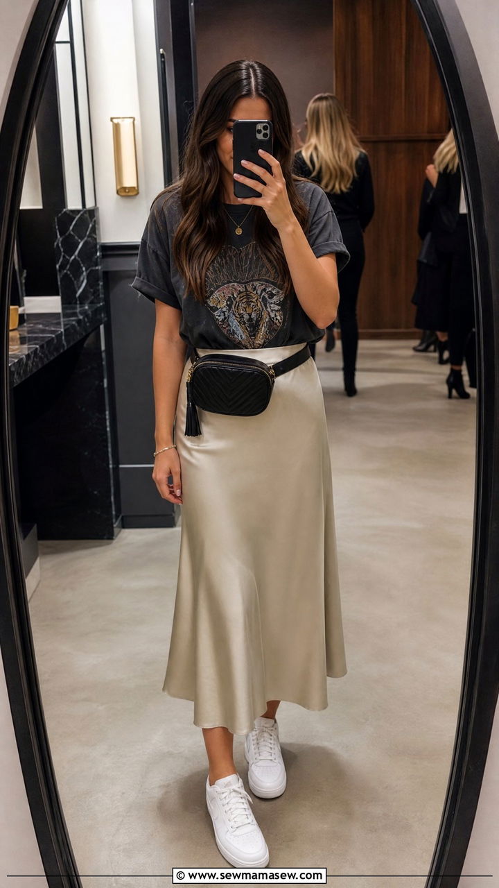 Midi Skirt With Graphic Tee - 30 modest concert outfit ideas