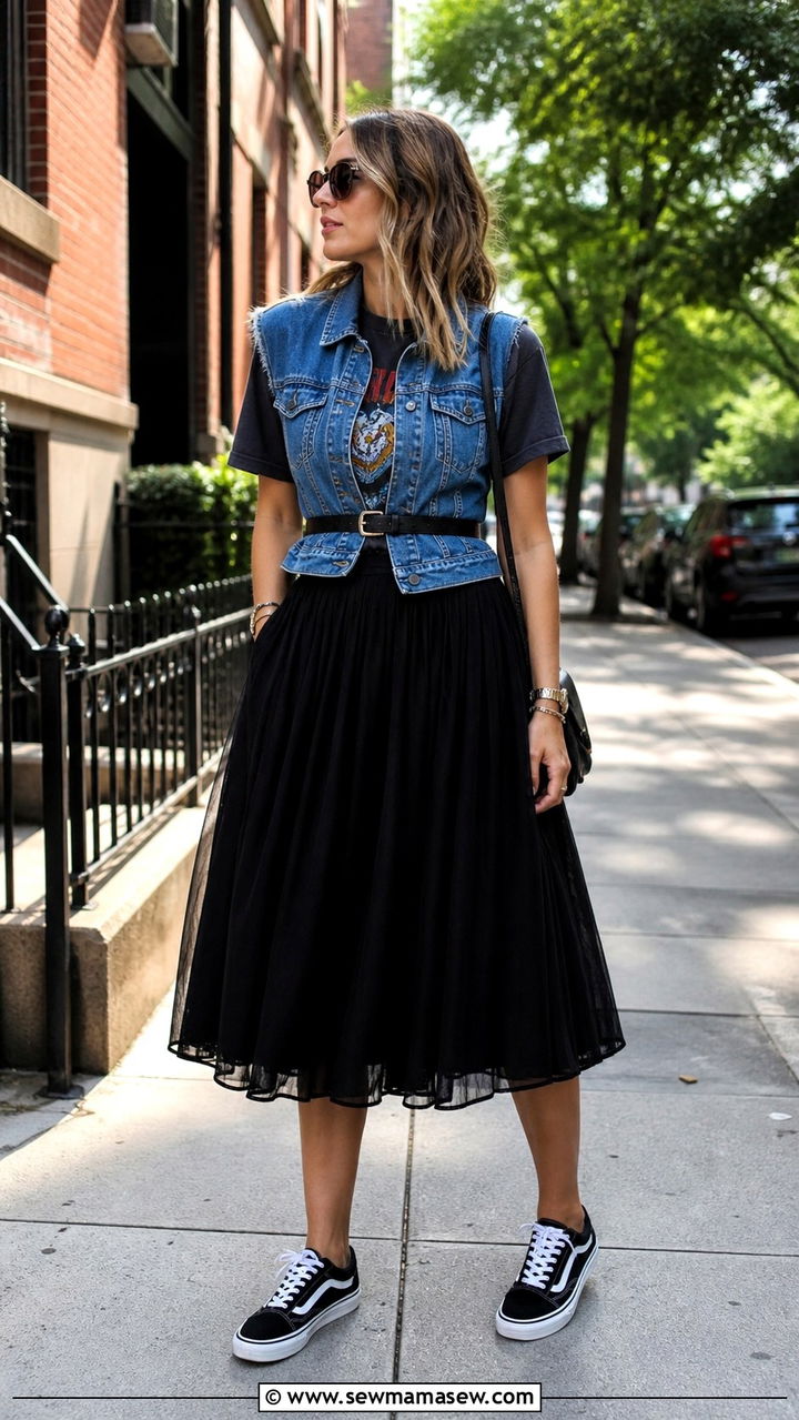 Midi Skirt With Graphic Tee And Denim Vest - 40 midi skirt outfit ideas