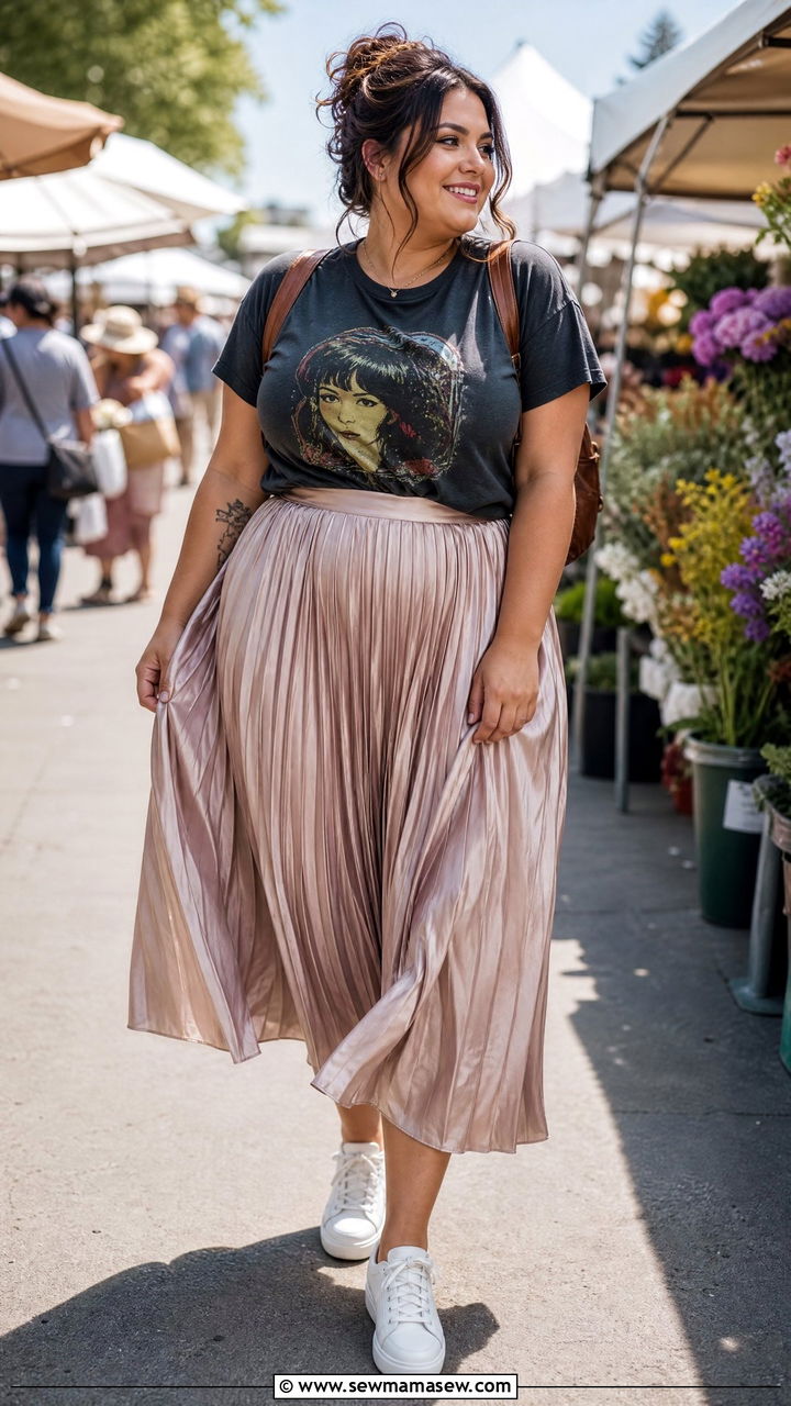 Midi Skirt With Graphic Tee And Sneakers - 30 curvy outfit ideas for women