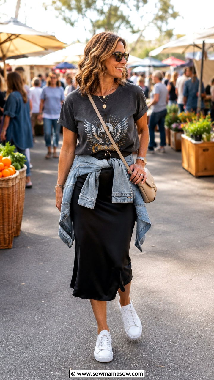 Midi Skirt With Graphic Tee And White Sneakers - 30 midi skirt outfits for women over 40
