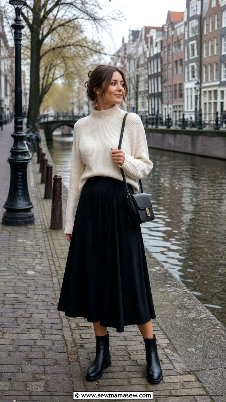 Midi Skirt With High Neck Knit Top And Flat Boots - 40 What to wear in Amsterdam