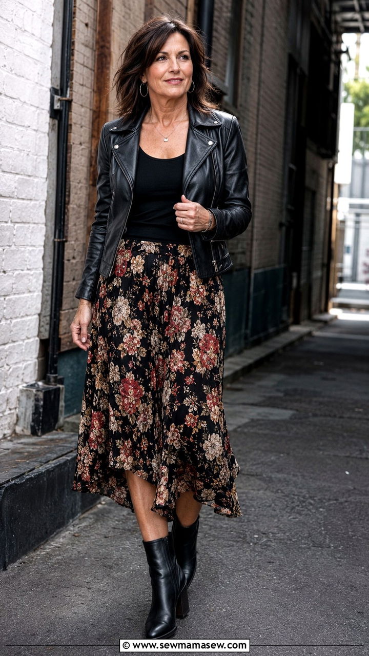 Midi Skirt With Leather Jacket And Ankle Boots - 30 midi skirt outfits for women over 40
