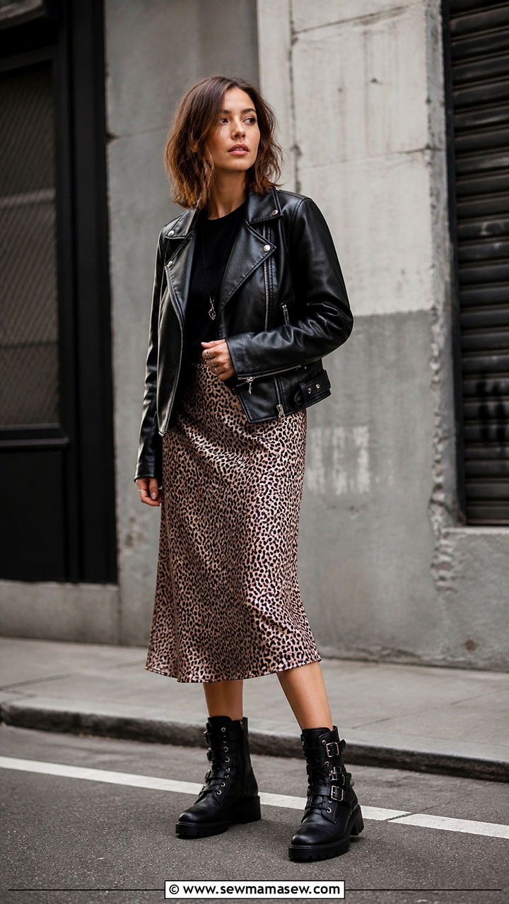 Midi Skirt With Leather Moto Jacket And Buckled Boots - 40 midi skirt outfit ideas