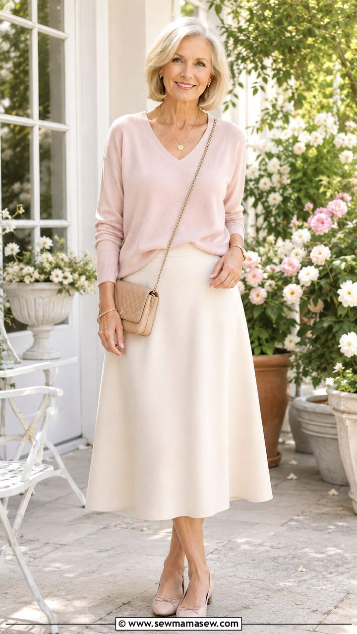 Midi Skirt With Lightweight Cashmere Sweater and Ballet Flats - 20 How to style a midi skirt over 60