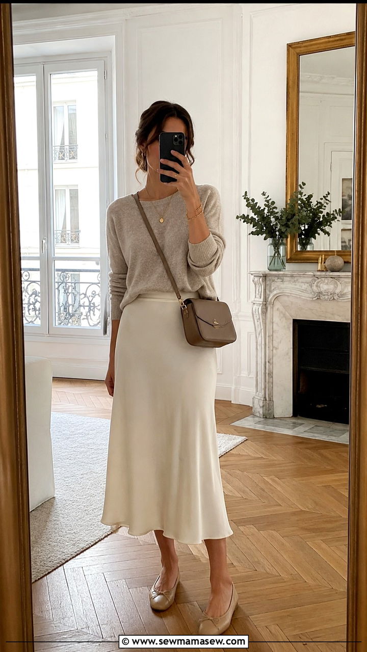 Midi Skirt With Lightweight Knit and Ballet Flats - 30 parisian capsule wardrobe outfits