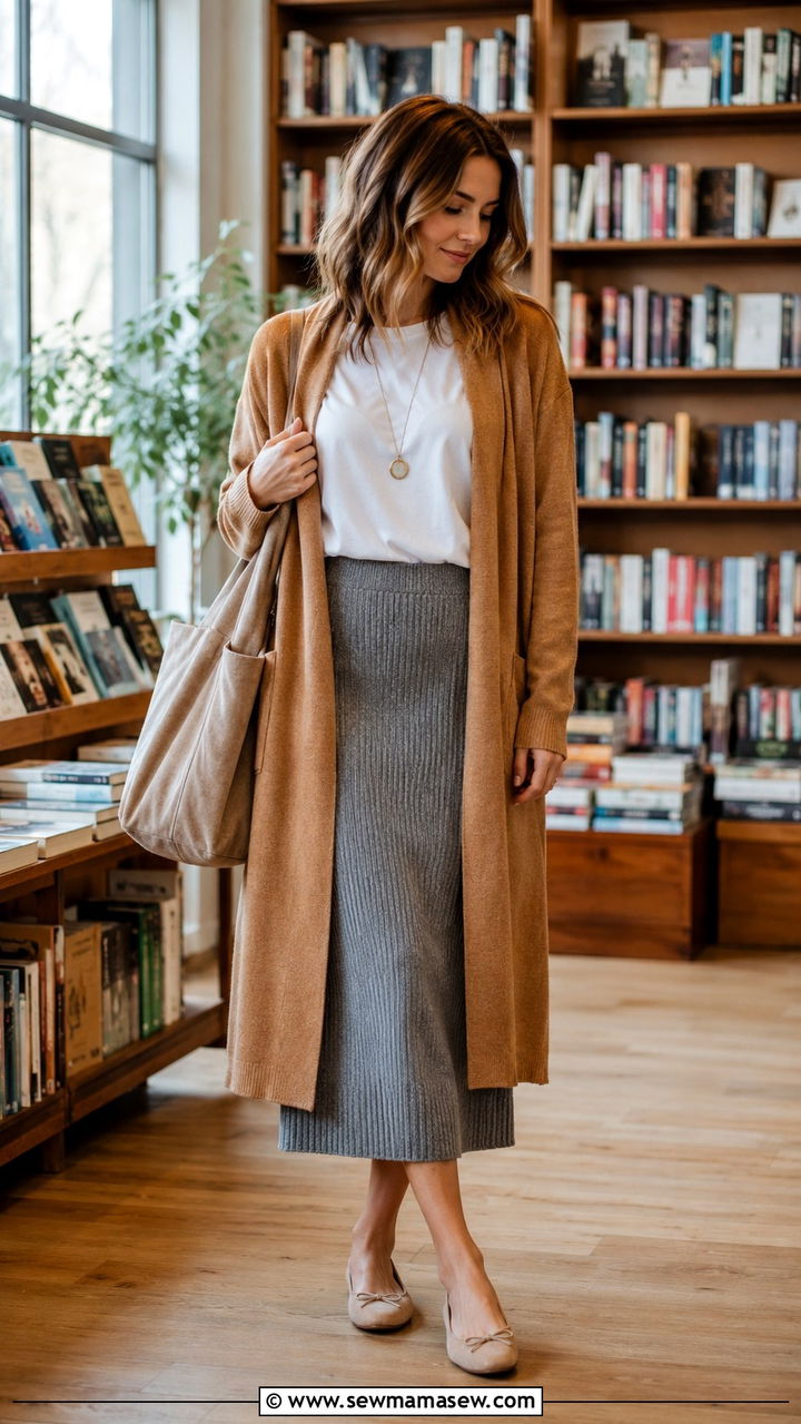 Midi Skirt With Long Cardigan And Flats - 30 midi skirt outfits for women over 40