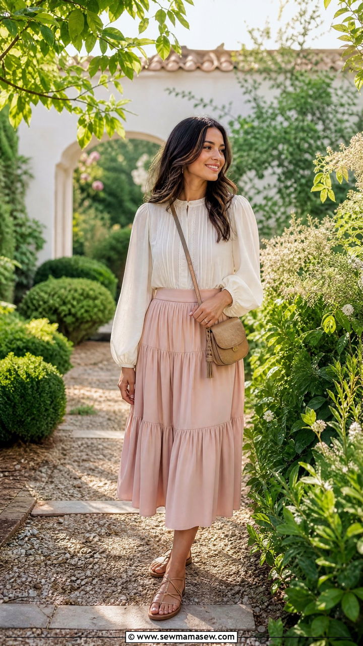 Midi Skirt With Long Sleeve Blouse Summer Outfit - 25 Vacation outfit ideas modest women