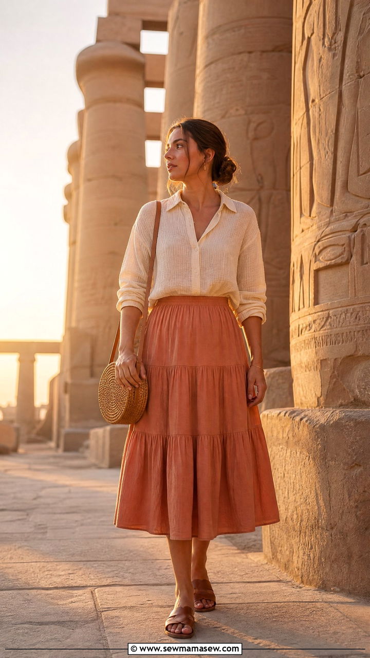 Midi Skirt With Long Sleeve Blouse - 35 Luxor outfit ideas