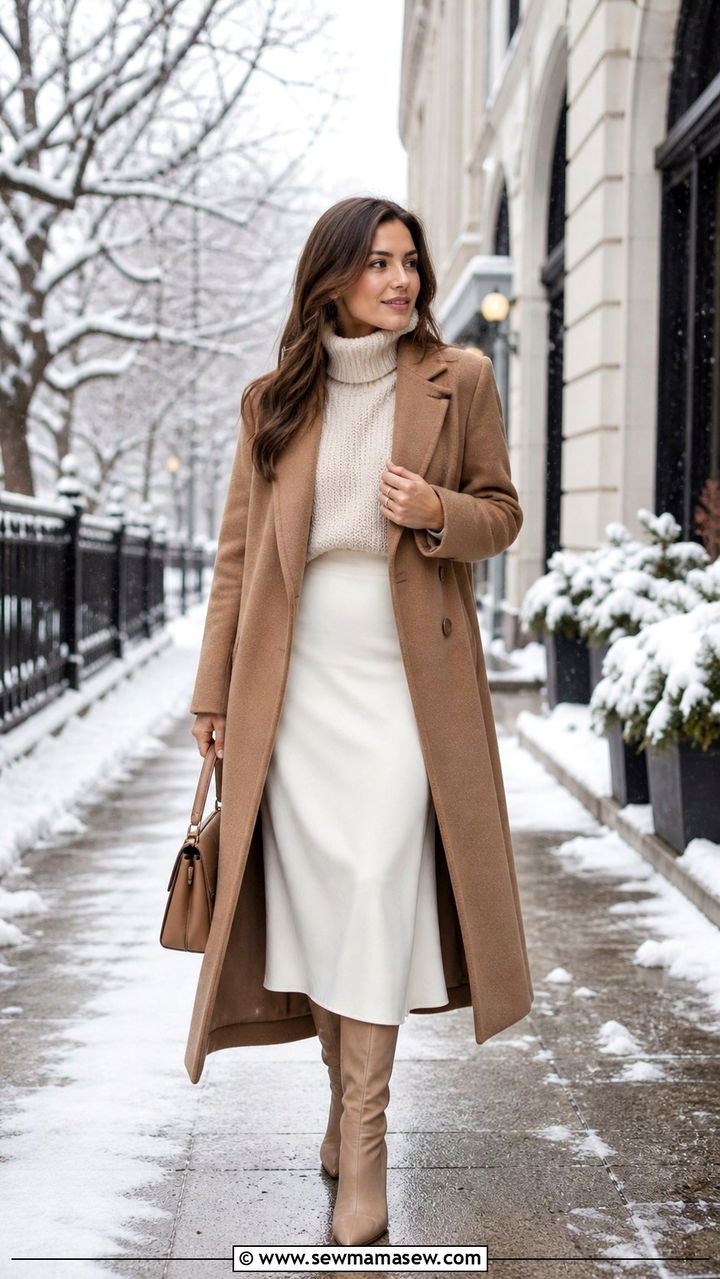 Midi Skirt With Long Wool Coat And Heeled Boots - 40 midi skirt outfit ideas