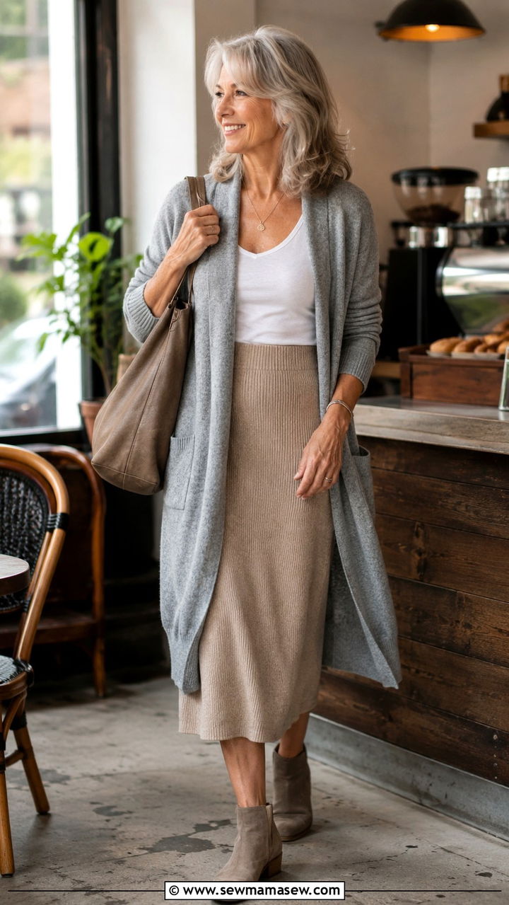 Midi Skirt With Longline Cardigan and Ankle Boots - 20 How to style a midi skirt over 60