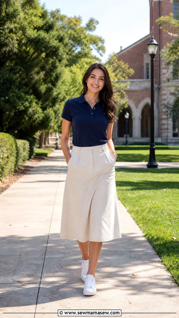 Midi Skirt With Polo Shirt And White Trainers - 40 midi skirt outfit ideas