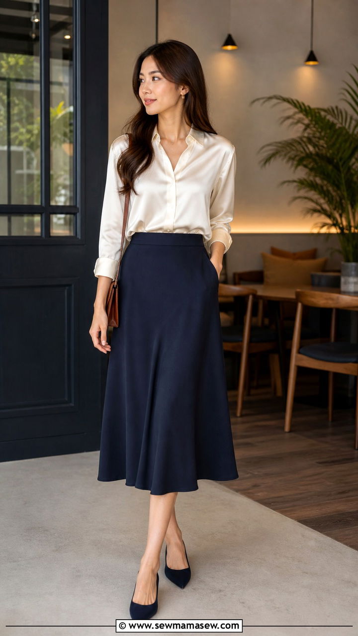 Midi Skirt With Silk Button Down Shirt And Pointed Flats - 40 midi skirt outfit ideas