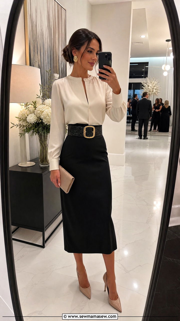 Midi Skirt With Statement Belt and Pointed Heels Wedding - 25 How to style a midi skirt for a wedding