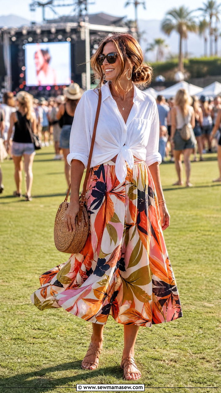 Midi Skirt With Tied Button Up Shirt - 30 summer concert outfits for women over 40