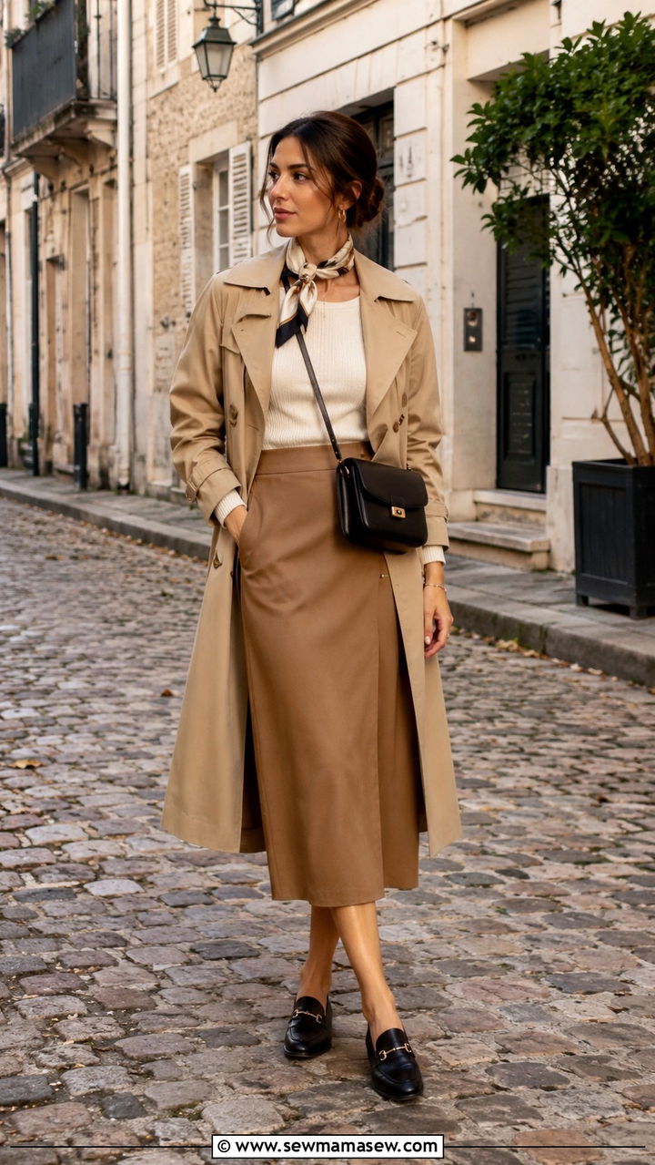 Midi Skirt With Trench Coat And Loafers - 30 midi skirt outfits for women over 40