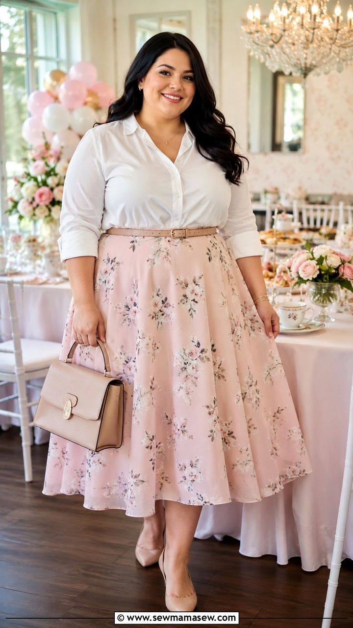 Midi Skirt With Tucked In Blouse And Pointed Toe Flats - 30 Plus size outfit ideas for baby shower