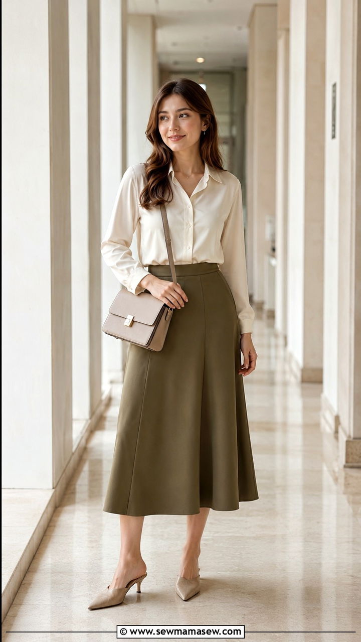 Midi Skirt With Tucked In Blouse Outfit - 30 modest office outfit ideas