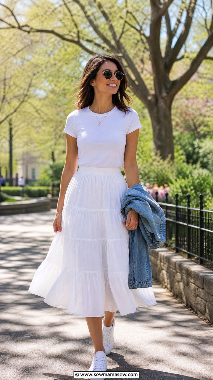 Midi Skirt With Tucked In T Shirt Outfit - 20 Spring outfits for 70 degree weather