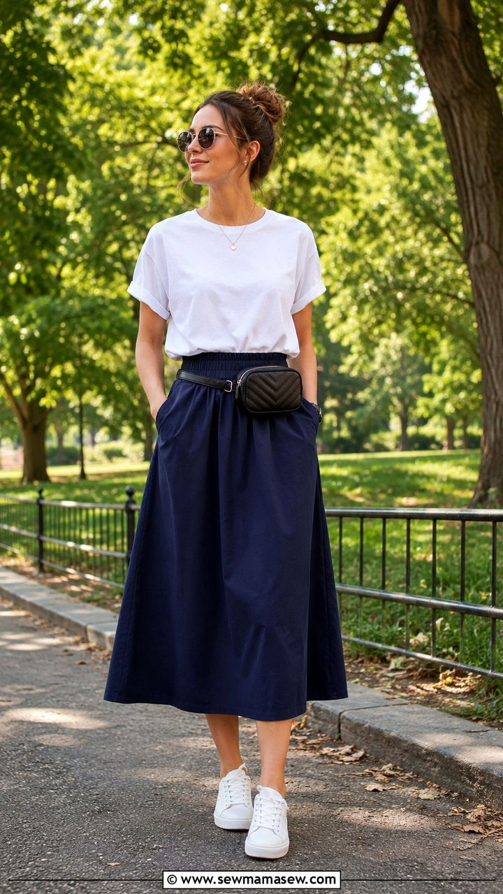 Midi Skirt With Tucked In Tee And Sneakers - 25 Modest outfit ideas summer 2026
