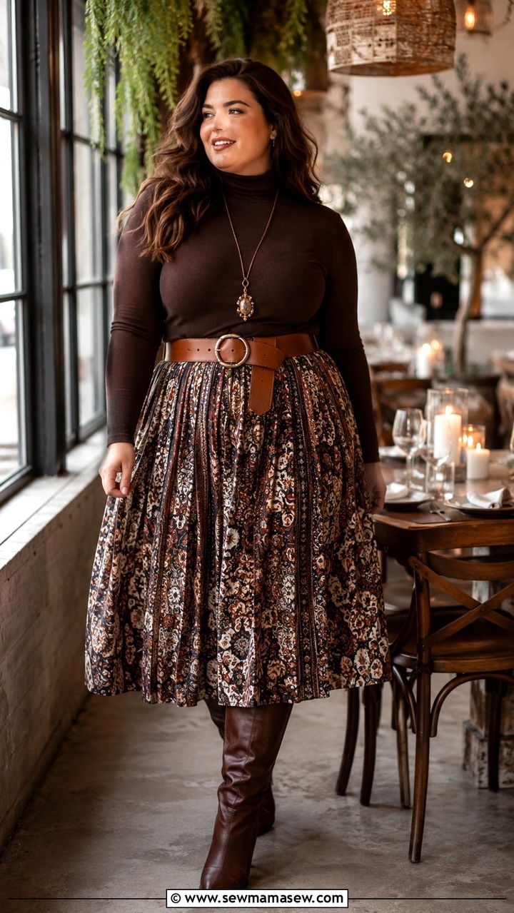 Midi Skirt With Turtleneck And Boots - 30 Boho outfit ideas plus size