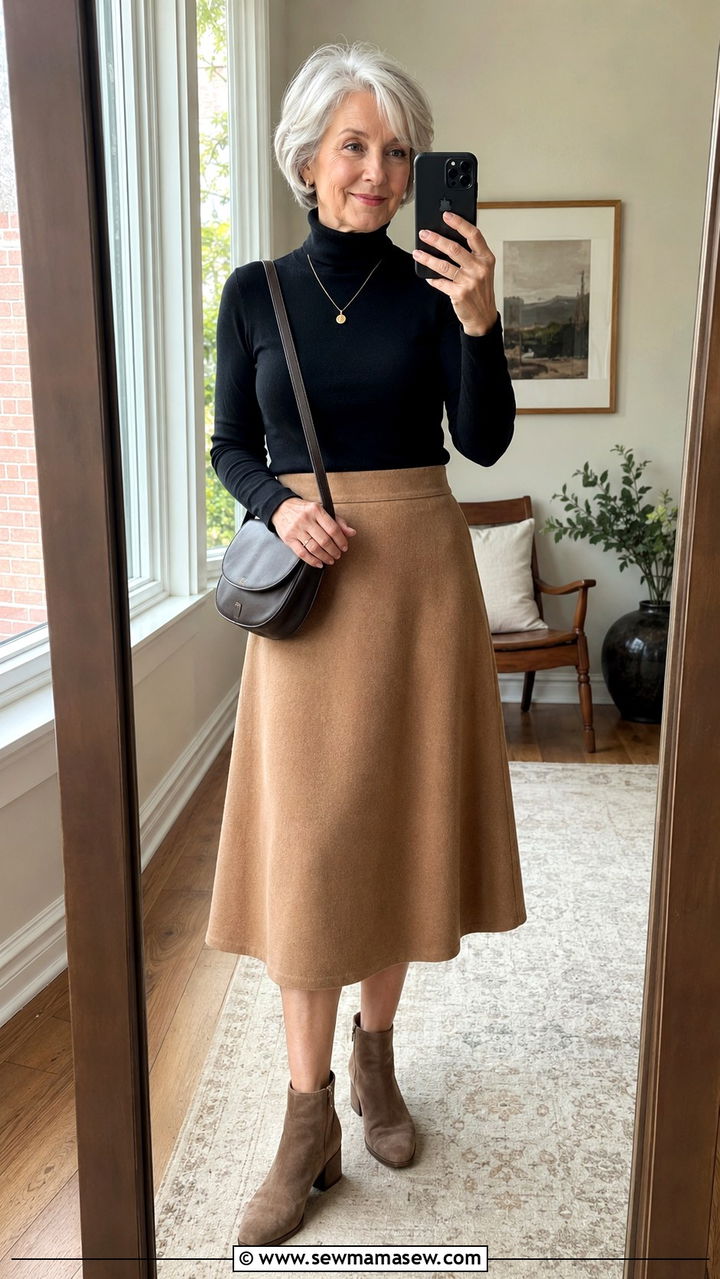 Midi Skirt With Turtleneck and Ankle Boots - 20 How to style a midi skirt over 60