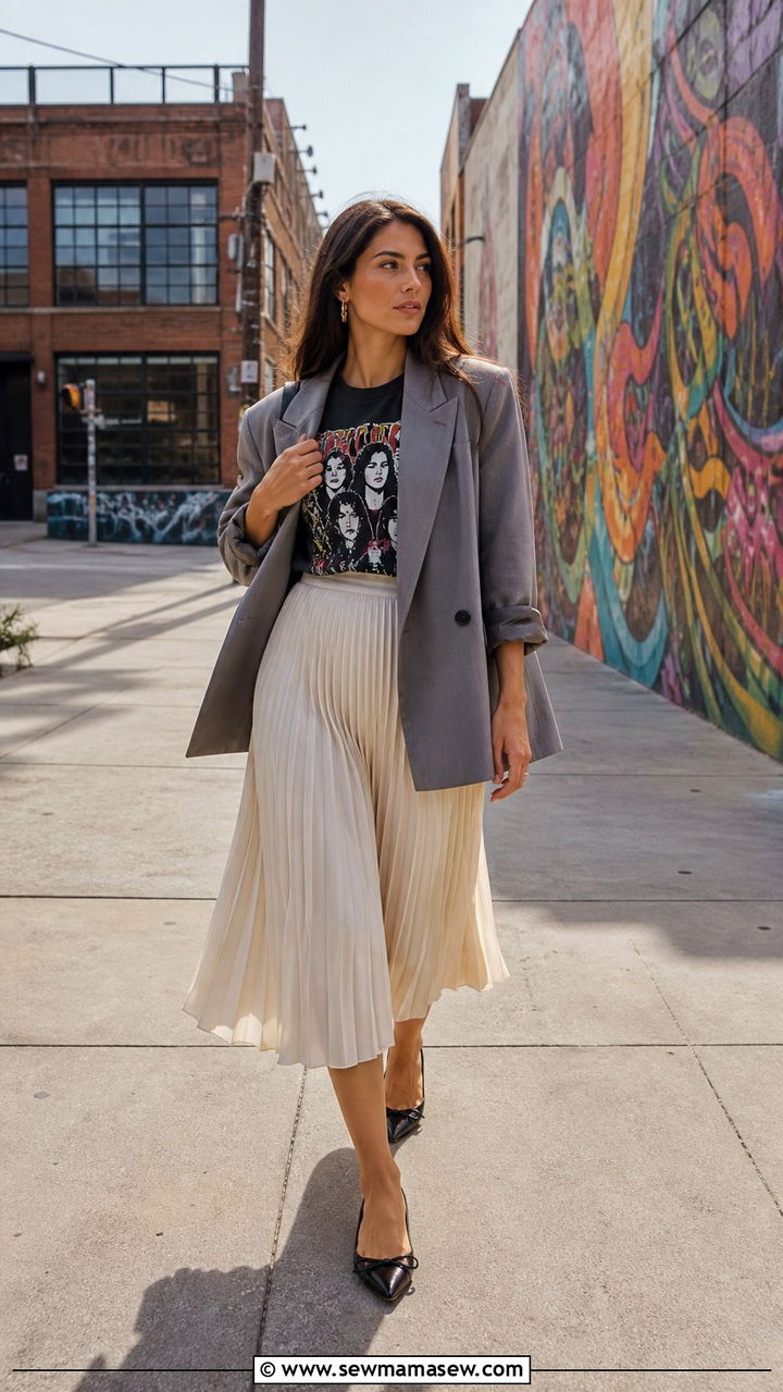 Midi Skirt With a Graphic Tee and Blazer - 40 Spring outfits for women over 40
